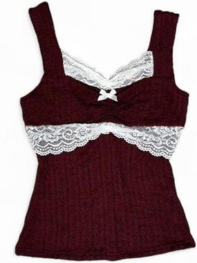 Burgundy Lace Bow Tank Top XS Coquette Preppy Brandy Balletcore Soft Girl Y2K